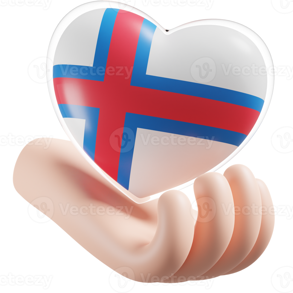 Faroe Islands flag with heart hand care realistic 3d textured png