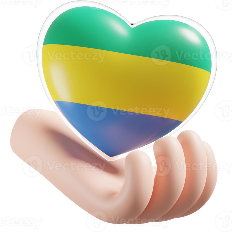 Gabon flag with heart hand care realistic 3d textured png