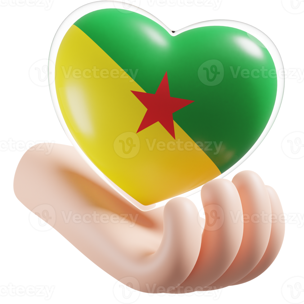 francês Guiana bandeira com coração mão Cuidado realista 3d texturizado png