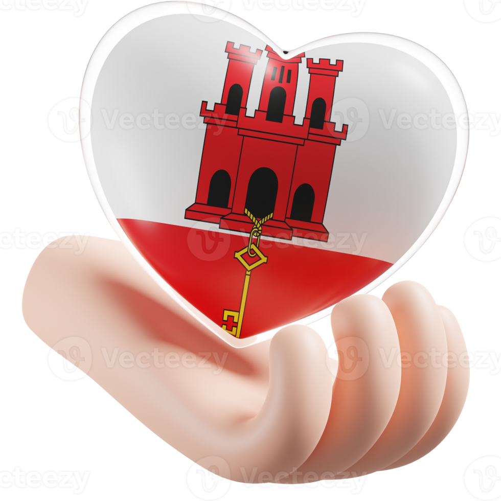 Gibraltar flag with heart hand care realistic 3d textured png