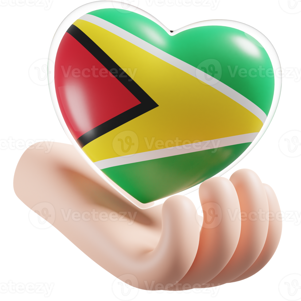 Guyana flag with heart hand care realistic 3d textured png