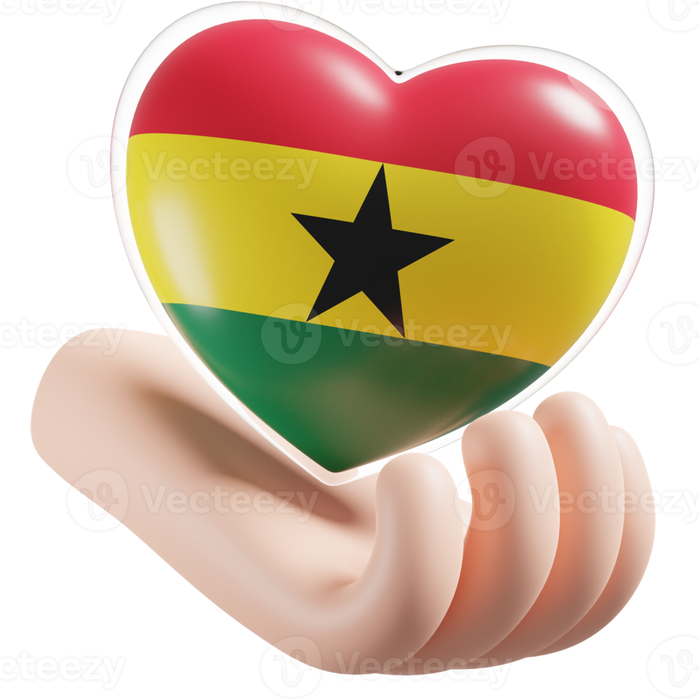 Ghana flag with heart hand care realistic 3d textured png