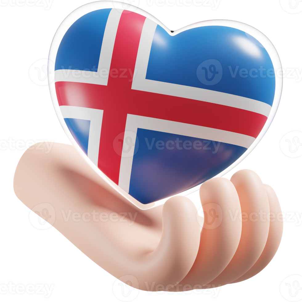 Islândia bandeira com coração mão Cuidado realista 3d texturizado png