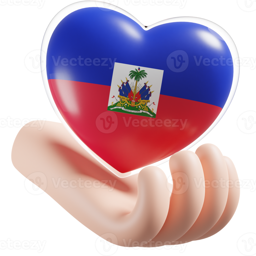 Haiti flag with heart hand care realistic 3d textured png