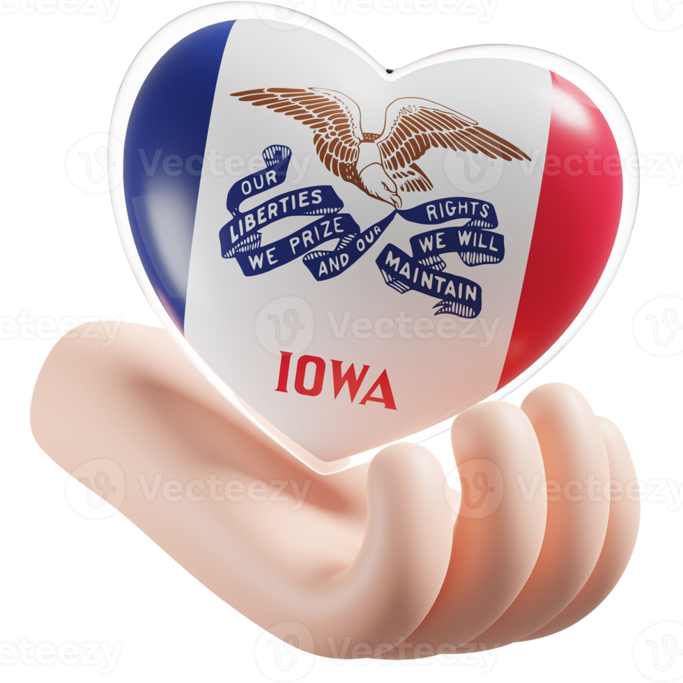 Iowa flag with heart hand care realistic 3d textured png