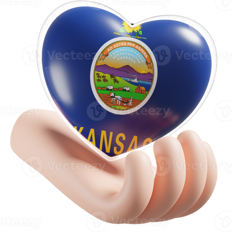 Kansas flag with heart hand care realistic 3d textured png
