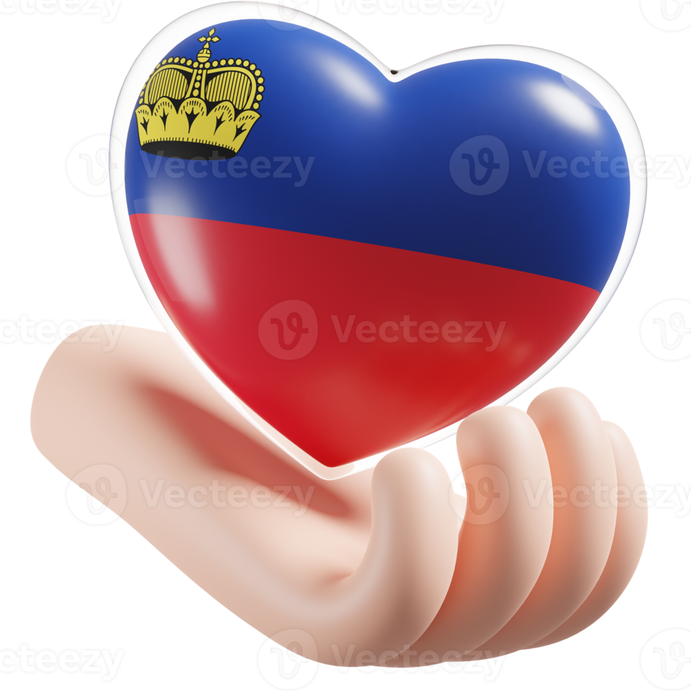 Liechtenstein flag with heart hand care realistic 3d textured png