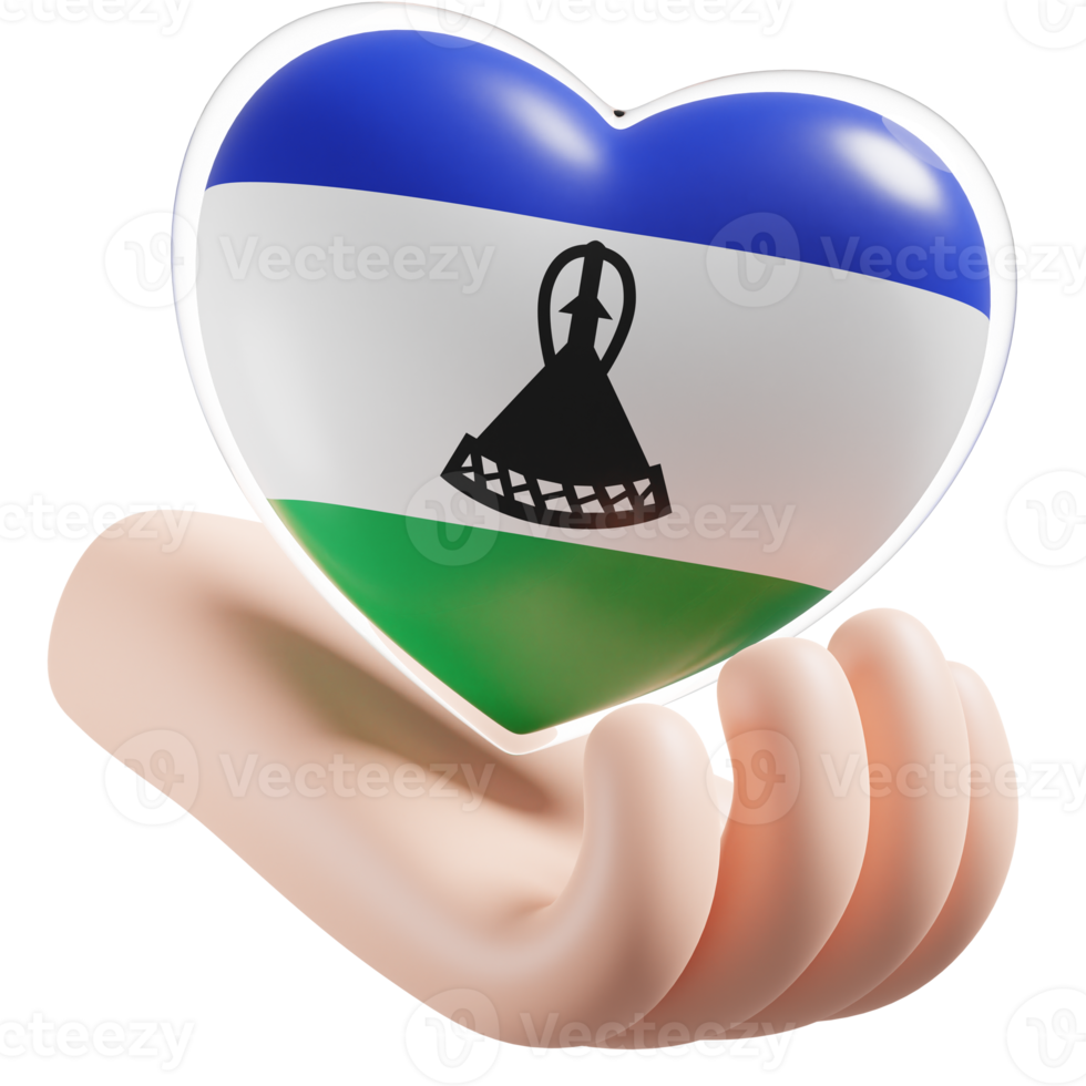Lesotho flag with heart hand care realistic 3d textured png