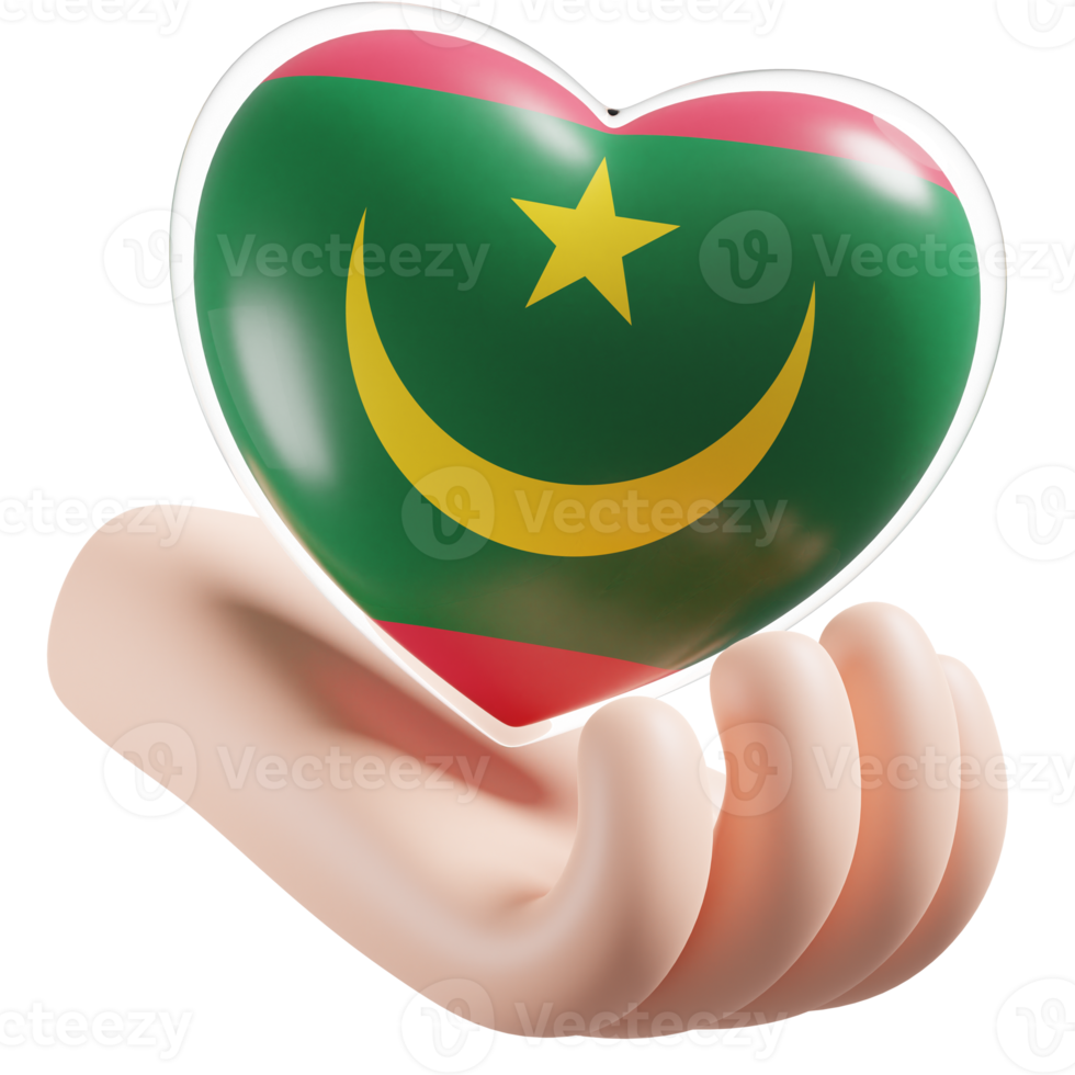 Mauritania flag with heart hand care realistic 3d textured png