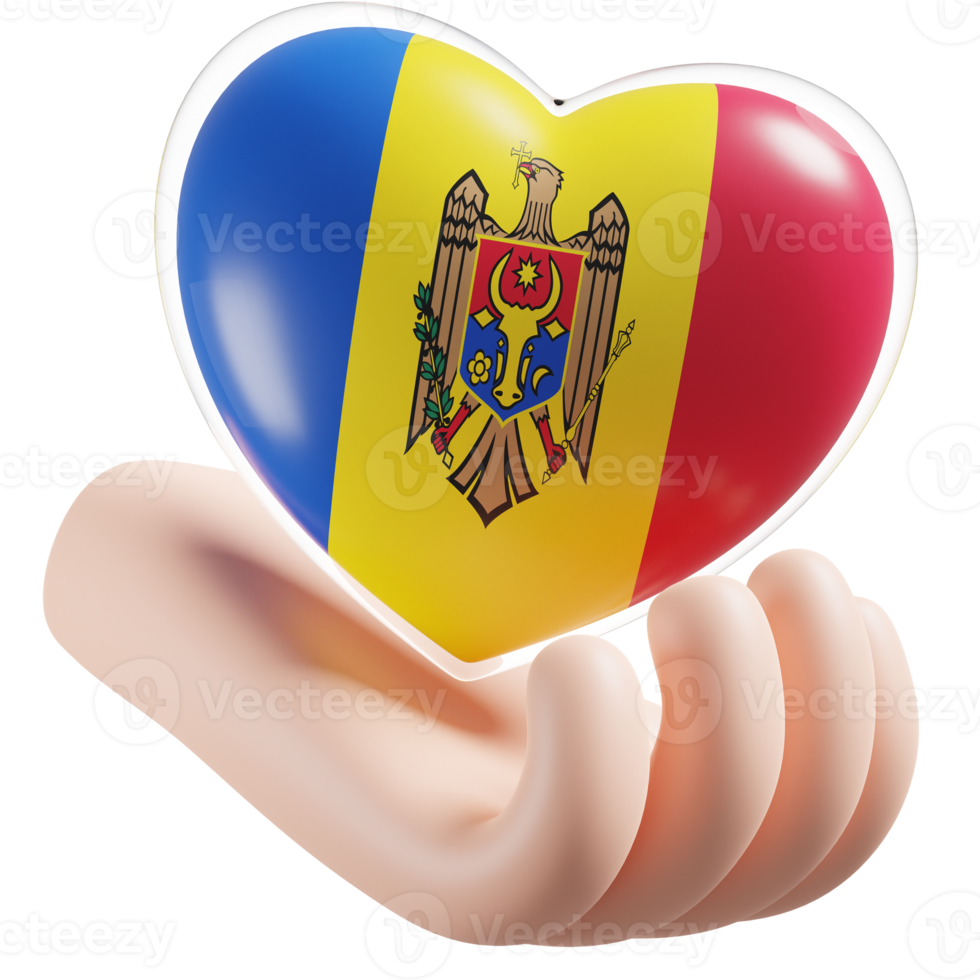 Moldova flag with heart hand care realistic 3d textured png