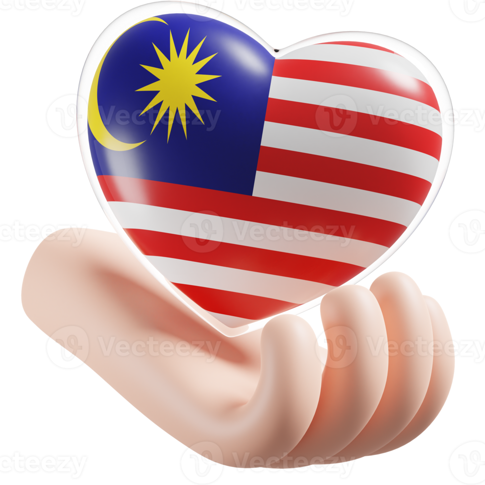 Malaisie drapeau avec cœur main se soucier réaliste 3d texturé png