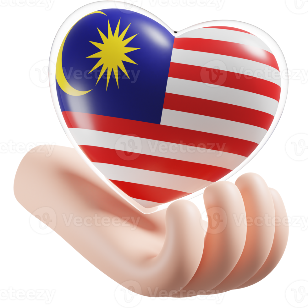 Malaysia flag with heart hand care realistic 3d textured png