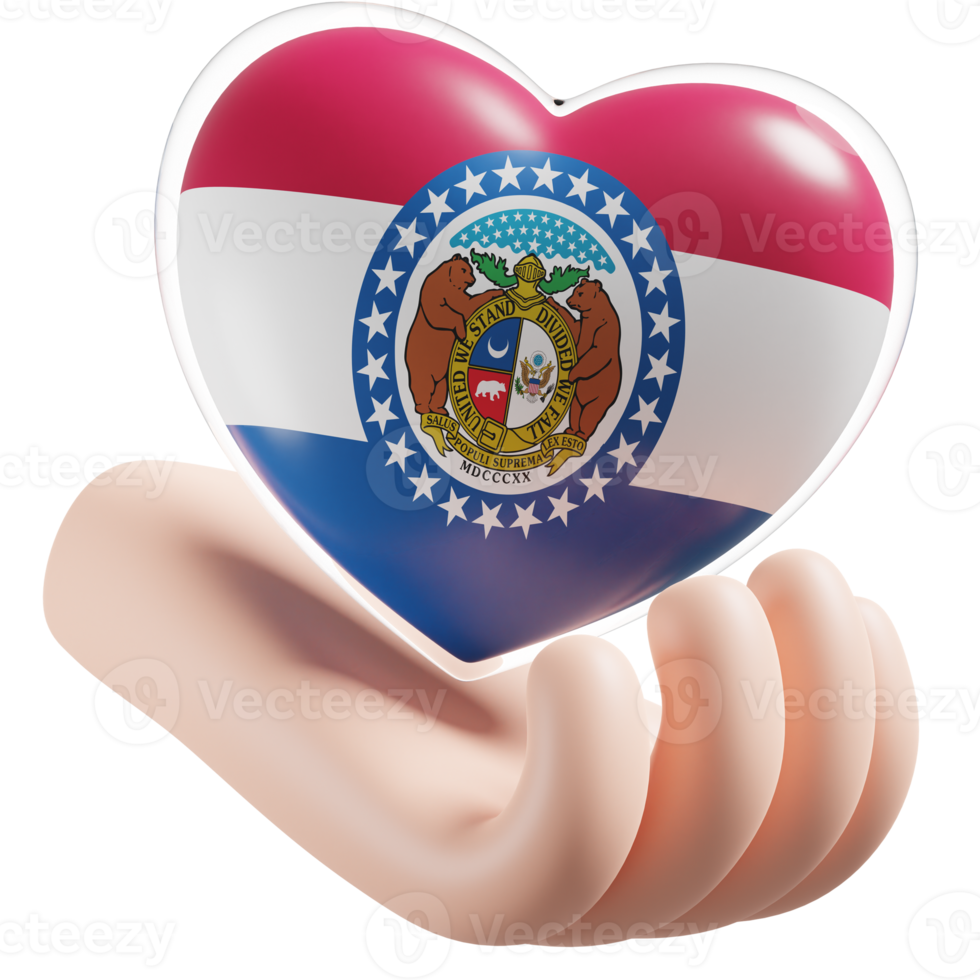 Missouri flag with heart hand care realistic 3d textured png