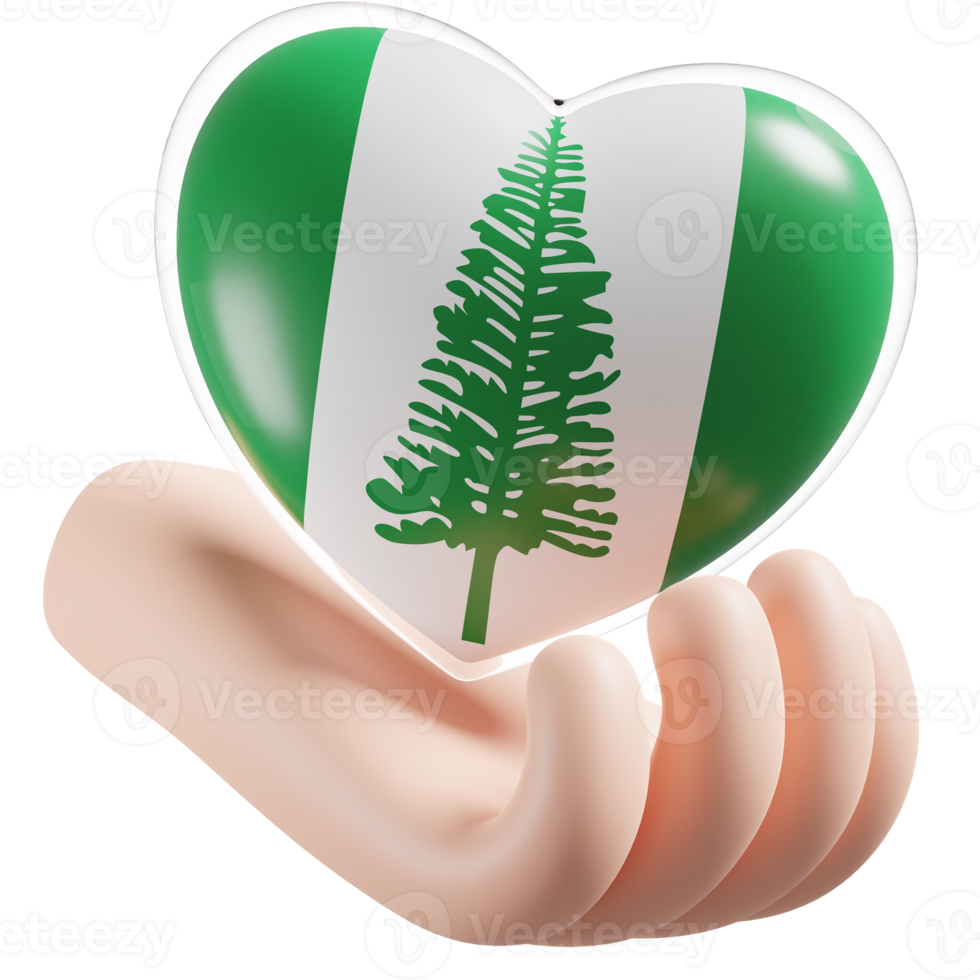 Norfolk Island flag with heart hand care realistic 3d textured png