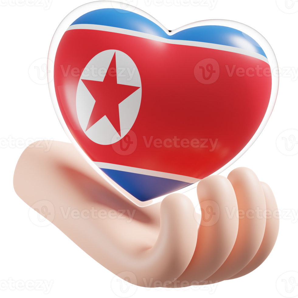 norr korea flagga med hjärta hand vård realistisk 3d texturerad png