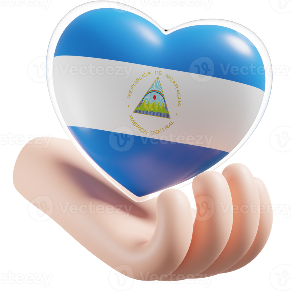 Nicaragua flag with heart hand care realistic 3d textured png