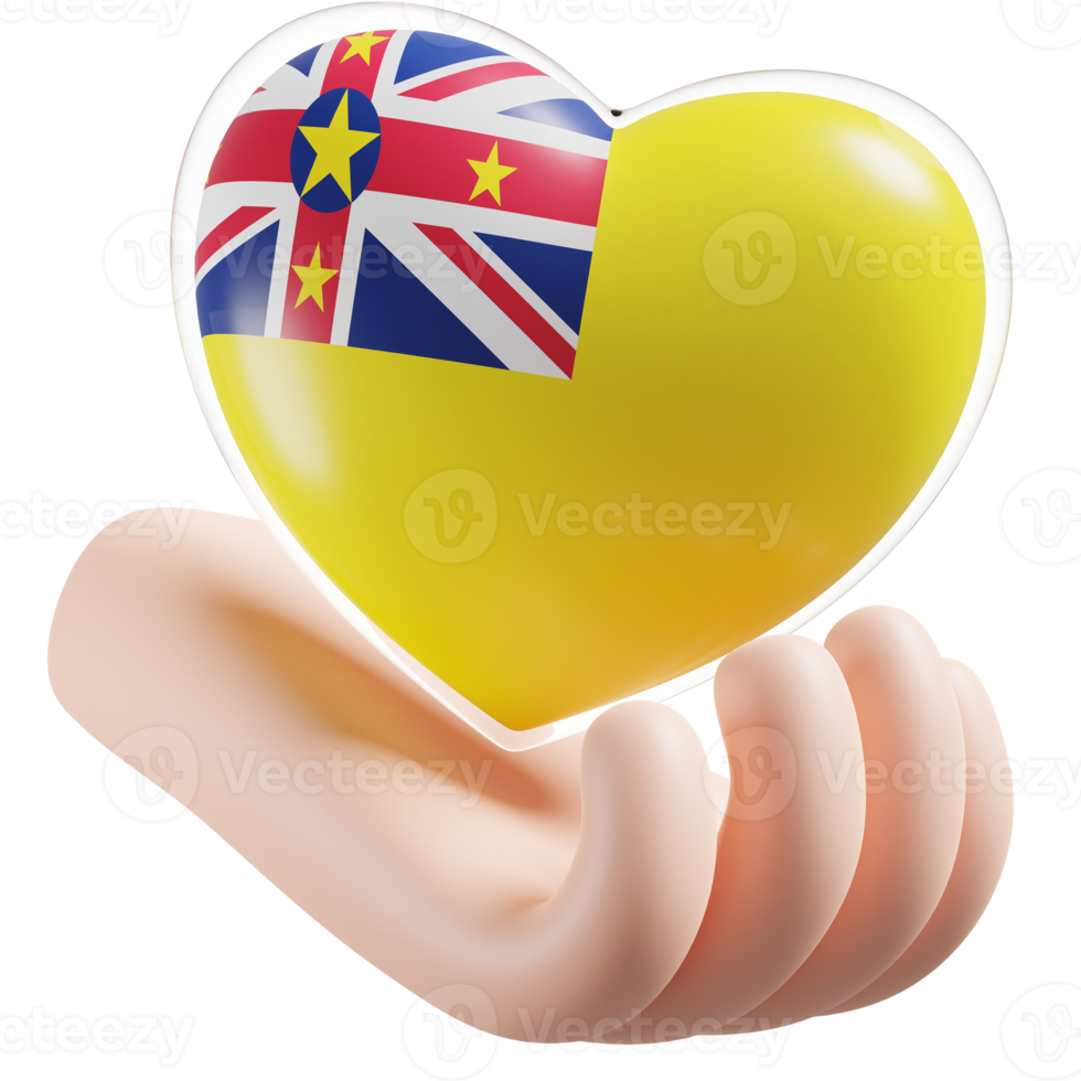 Niue flag with heart hand care realistic 3d textured png