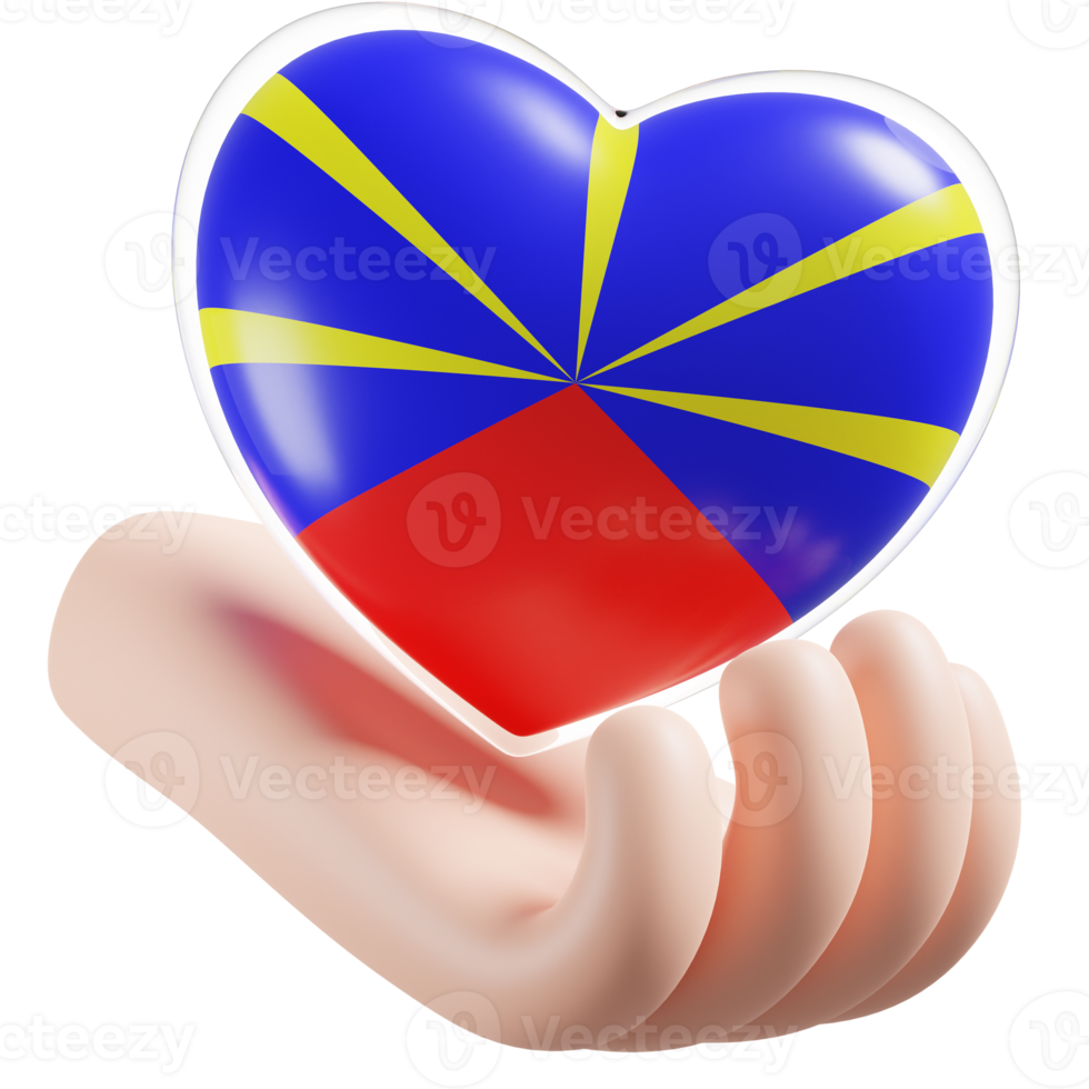 reunión radiante volcán bandera con corazón mano cuidado realista 3d texturizado png