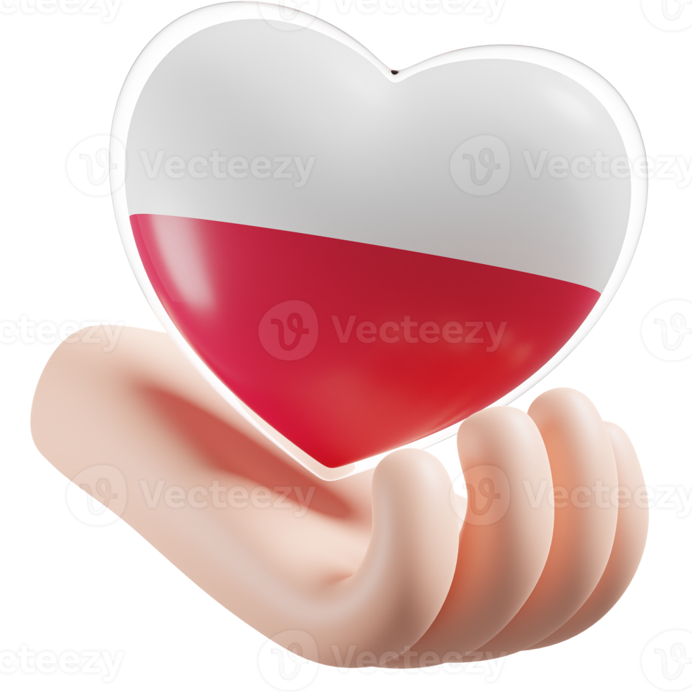 Poland flag with heart hand care realistic 3d textured png