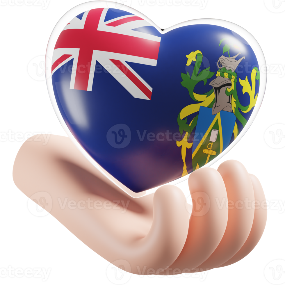 Pitcairn Islands flag with heart hand care realistic 3d textured png