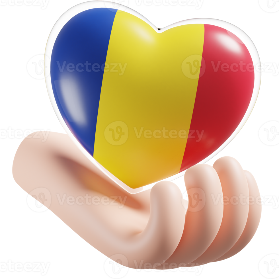 Romania flag with heart hand care realistic 3d textured png
