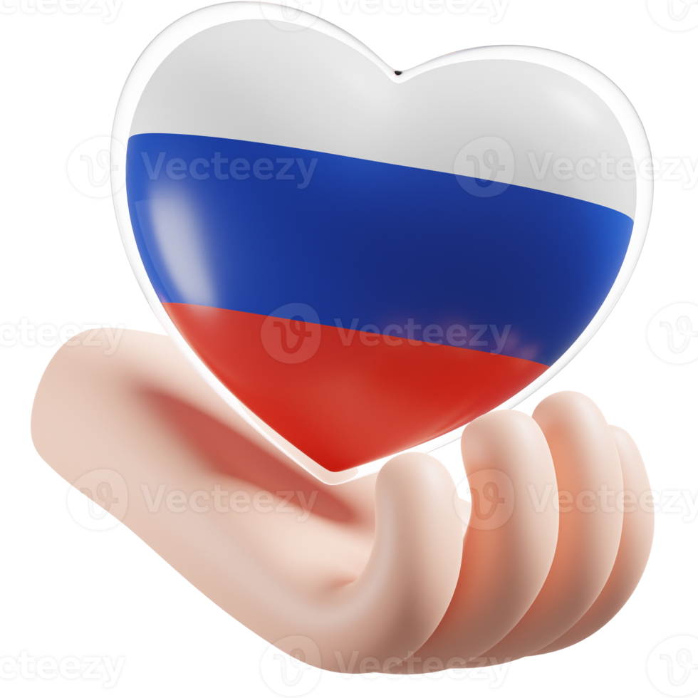 Russia flag with heart hand care realistic 3d textured png