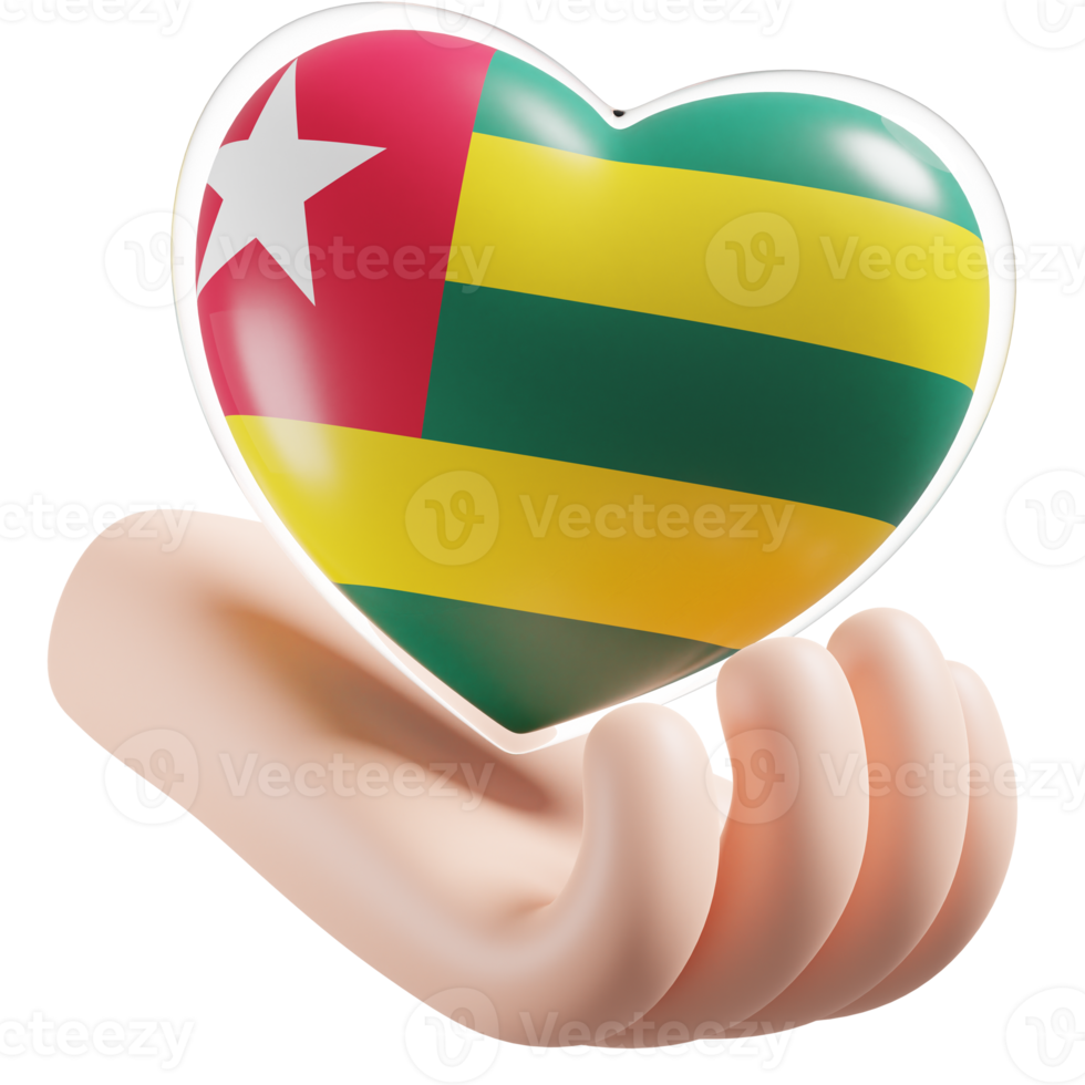 Togo flag with heart hand care realistic 3d textured png