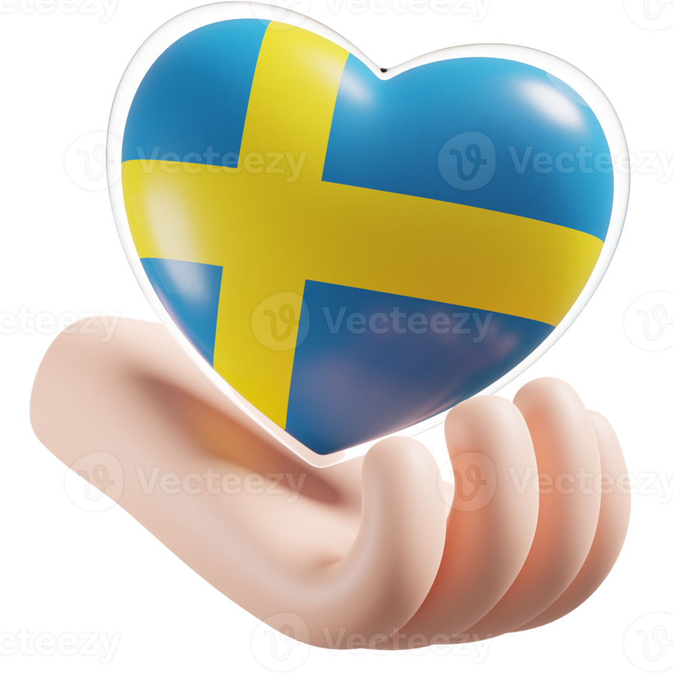 Sweden flag with heart hand care realistic 3d textured png