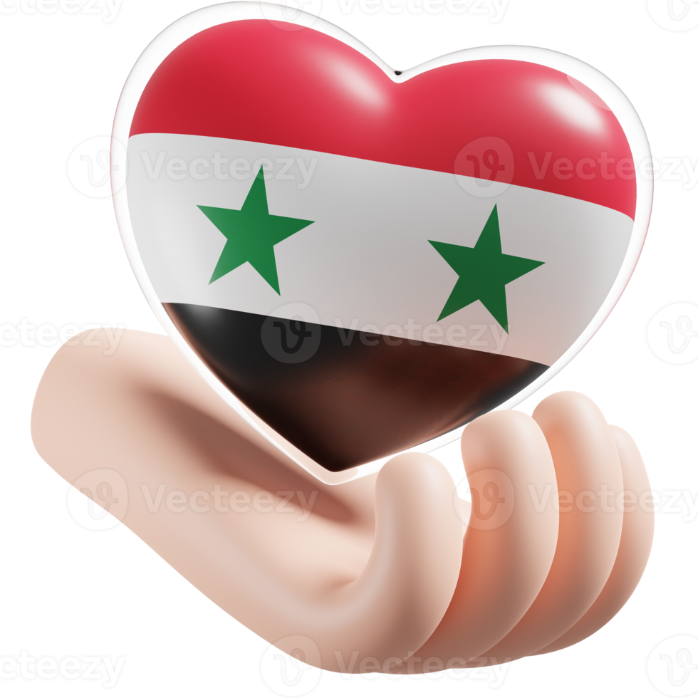 Syria flag with heart hand care realistic 3d textured png