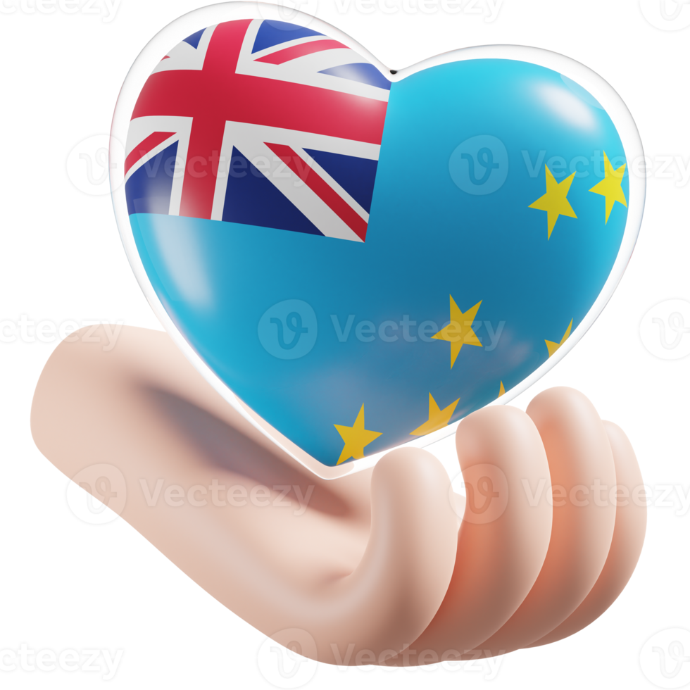 Tuvalu flag with heart hand care realistic 3d textured png