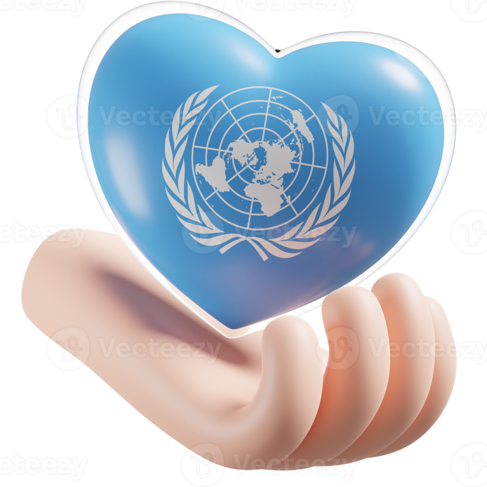 United Nations flag with heart hand care realistic 3d textured png