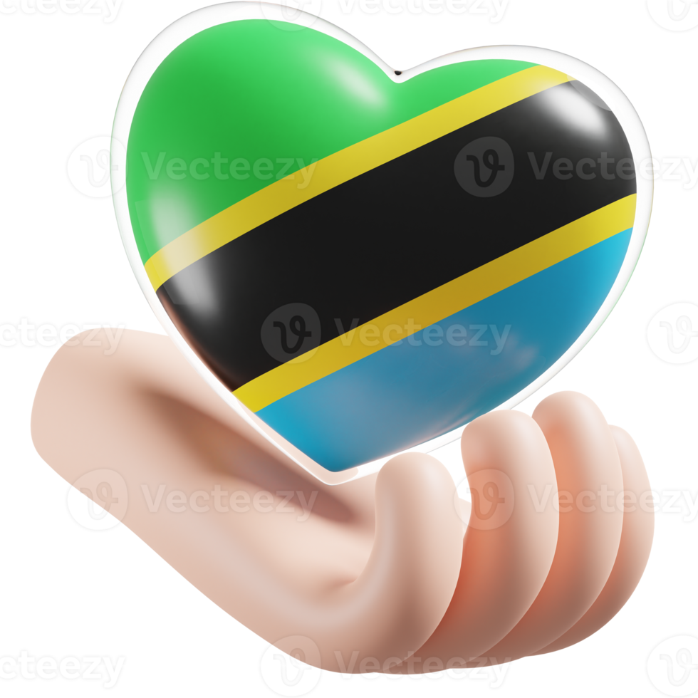 Tanzania flag with heart hand care realistic 3d textured png