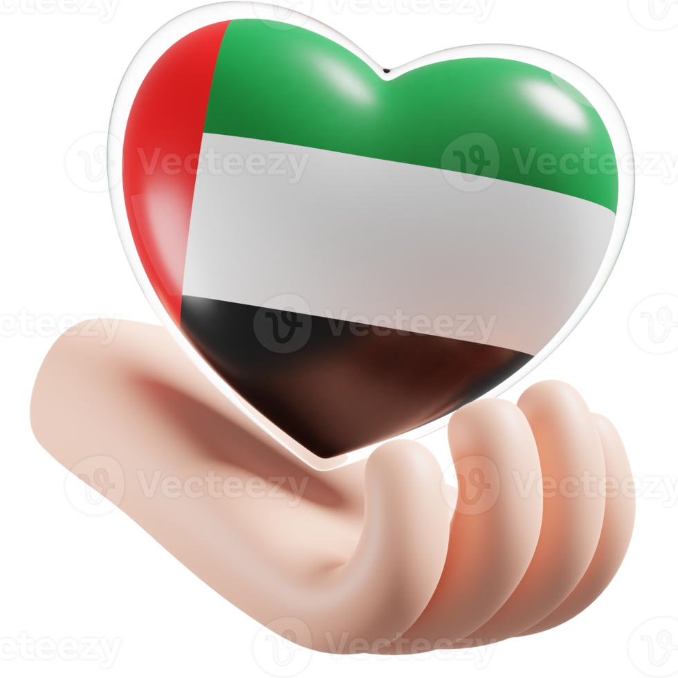 Verenigde Arabisch emiraten vlag met hart hand- zorg realistisch 3d getextureerde png