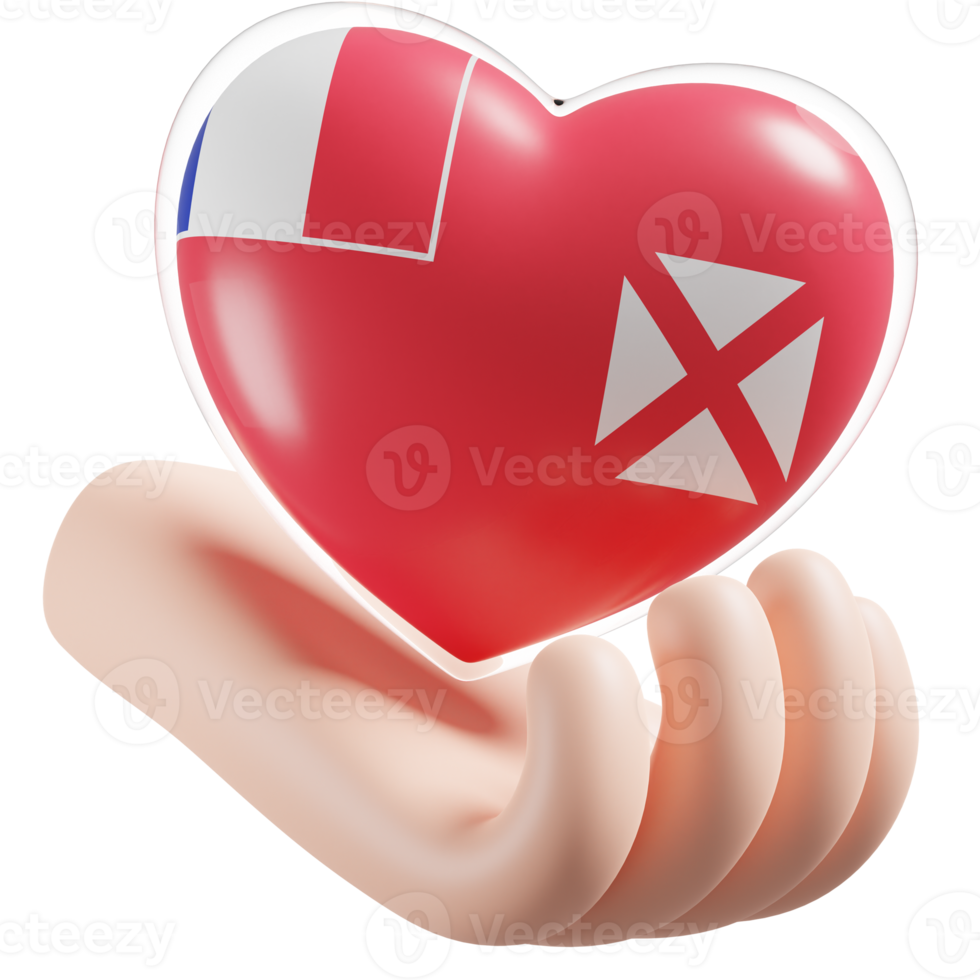 Wallis and Futuna flag with heart hand care realistic 3d textured png