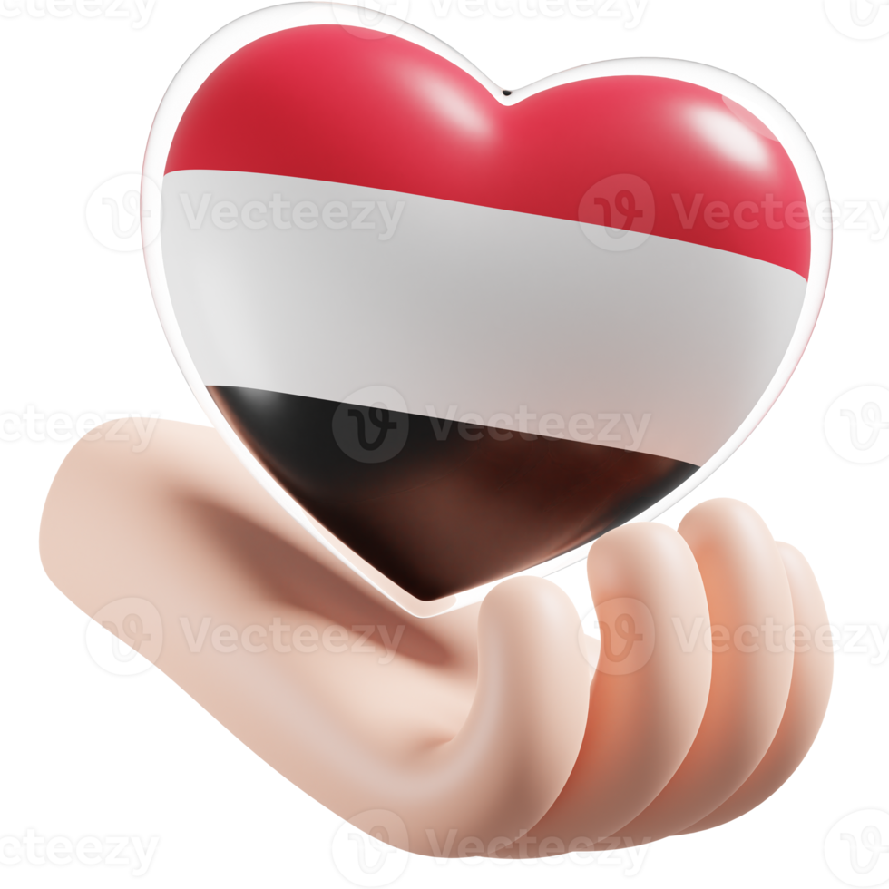 Yemen flag with heart hand care realistic 3d textured png