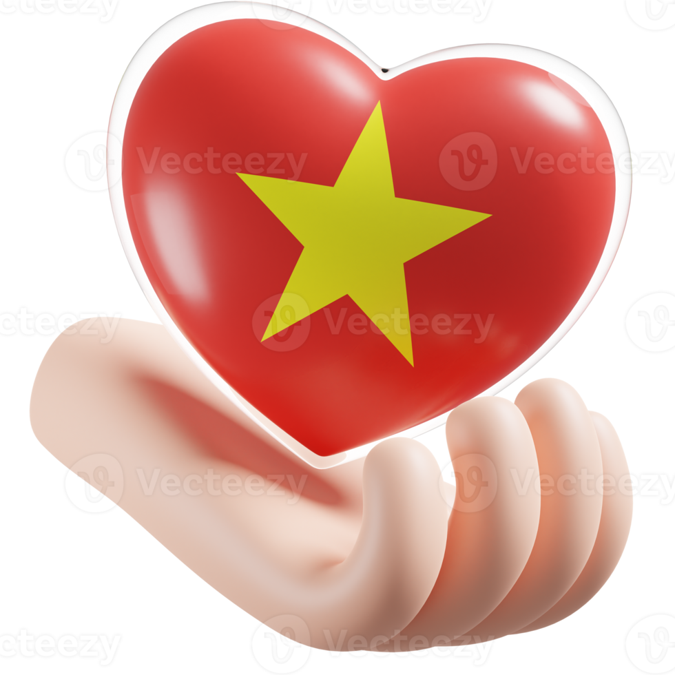 Vietnam flag with heart hand care realistic 3d textured png