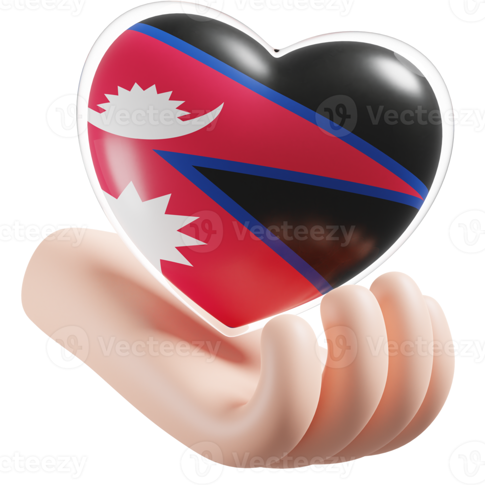 Nepal bandeira com coração mão Cuidado realista 3d texturizado png