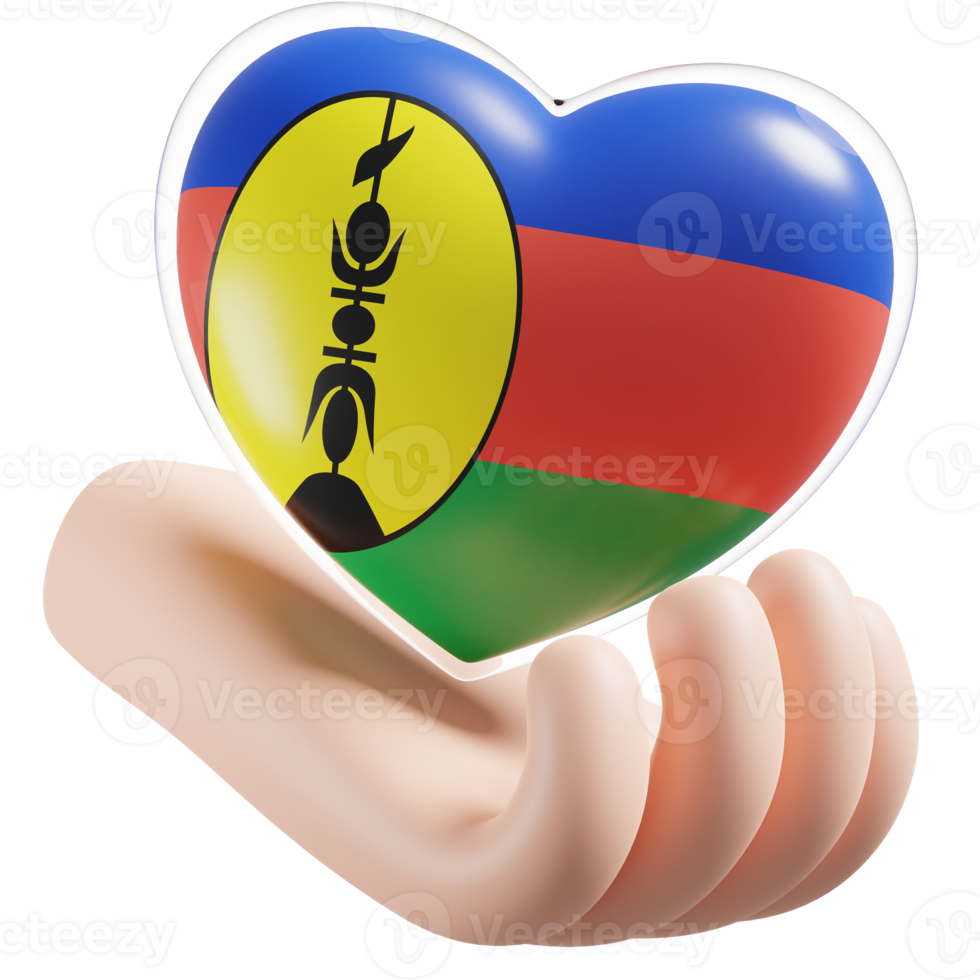 New Caledonia flag with heart hand care realistic 3d textured png