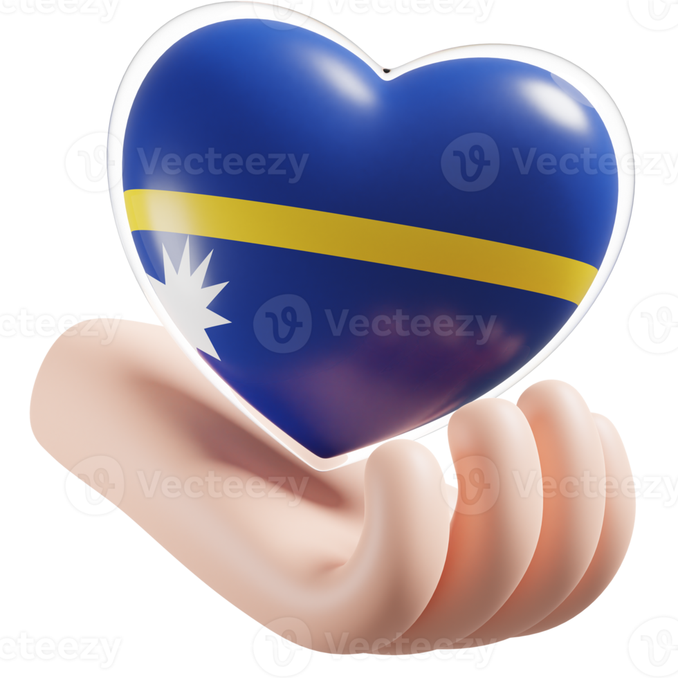 Nauru flag with heart hand care realistic 3d textured png
