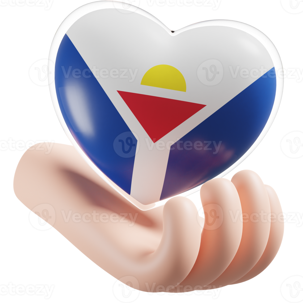 Saint Martin flag with heart hand care realistic 3d textured png