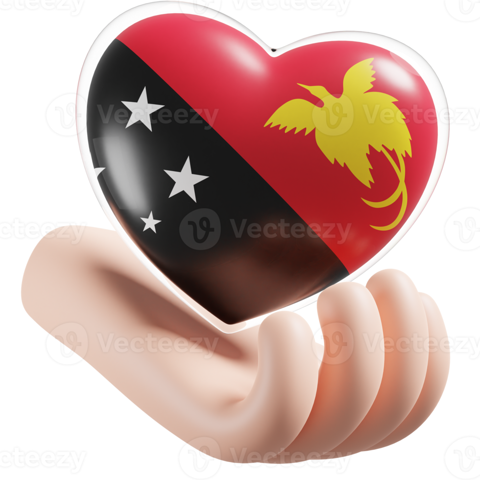 Papuasia nuevo Guinea bandera con corazón mano cuidado realista 3d texturizado png