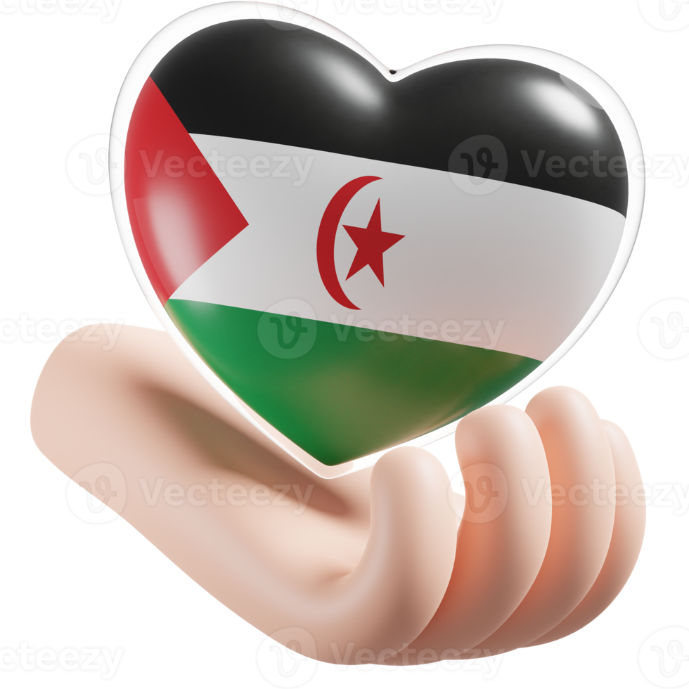 Sahrawi Arab Democratic Republic flag with heart hand care realistic 3d textured png