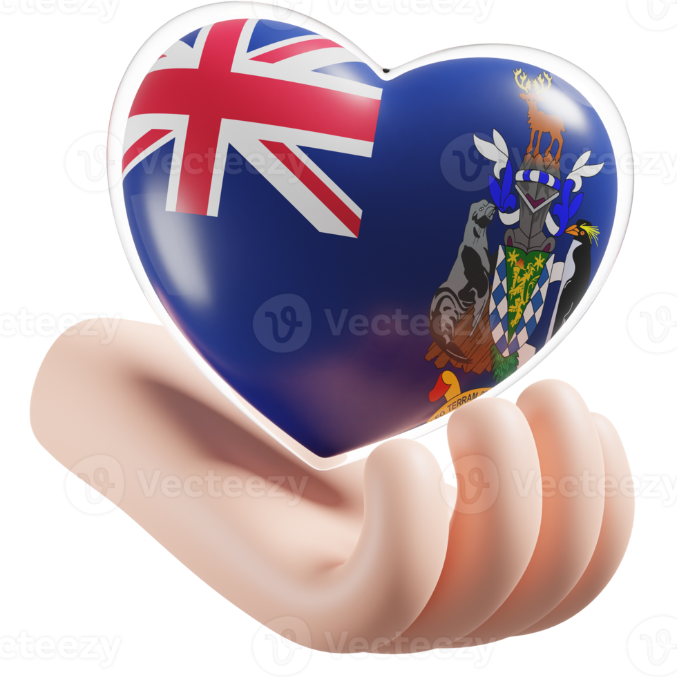 South Georgia and the South Sandwich Islands flag with heart hand care realistic 3d textured png