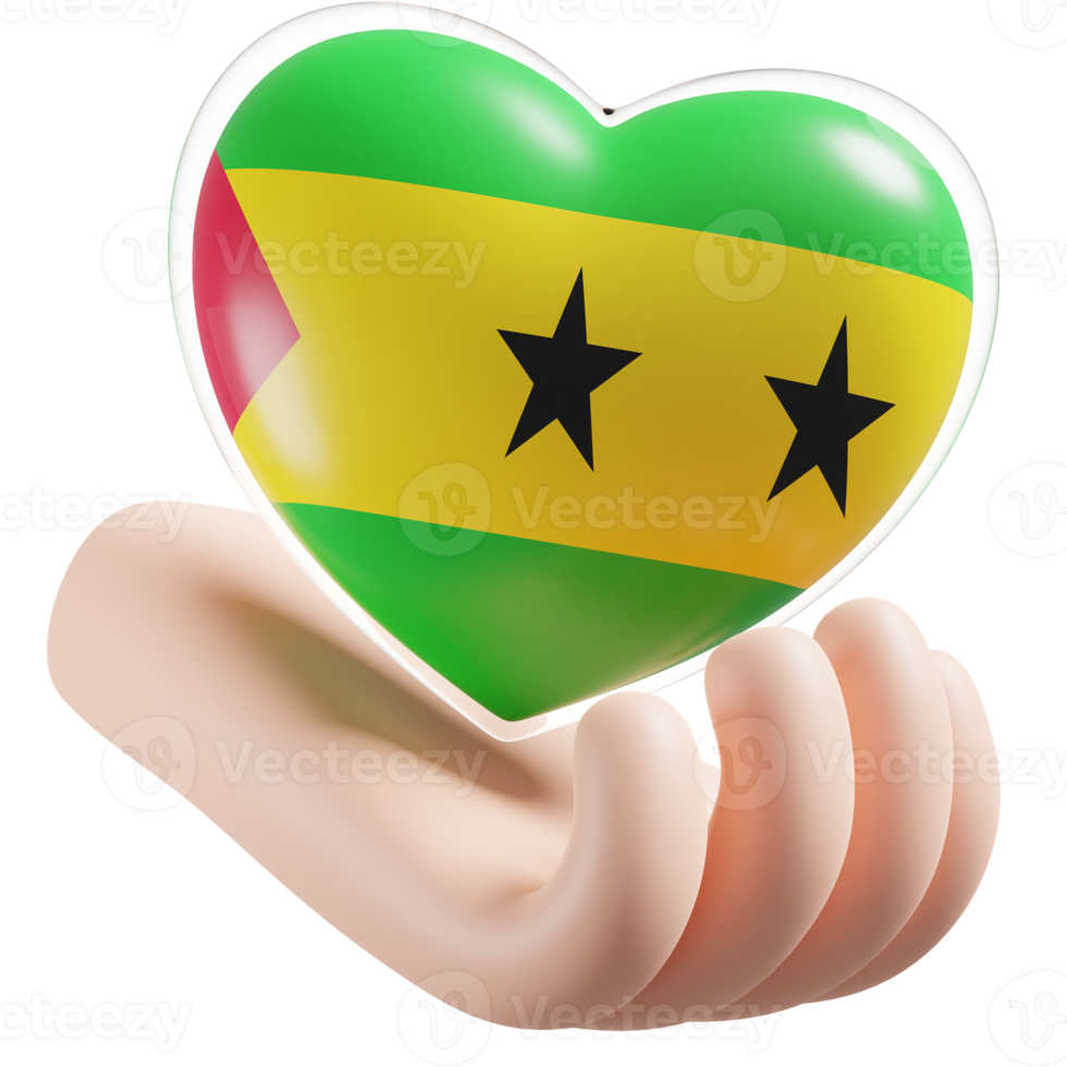 Sao Tome and Principe flag with heart hand care realistic 3d textured png