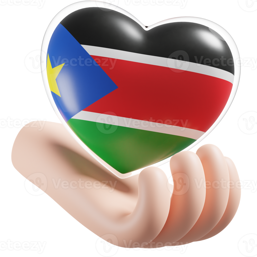 South Sudan flag with heart hand care realistic 3d textured png