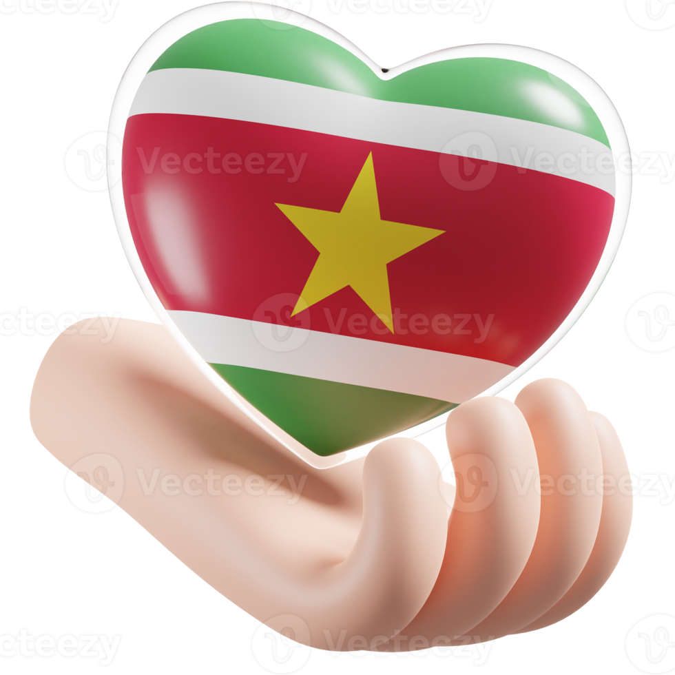 Suriname flag with heart hand care realistic 3d textured png
