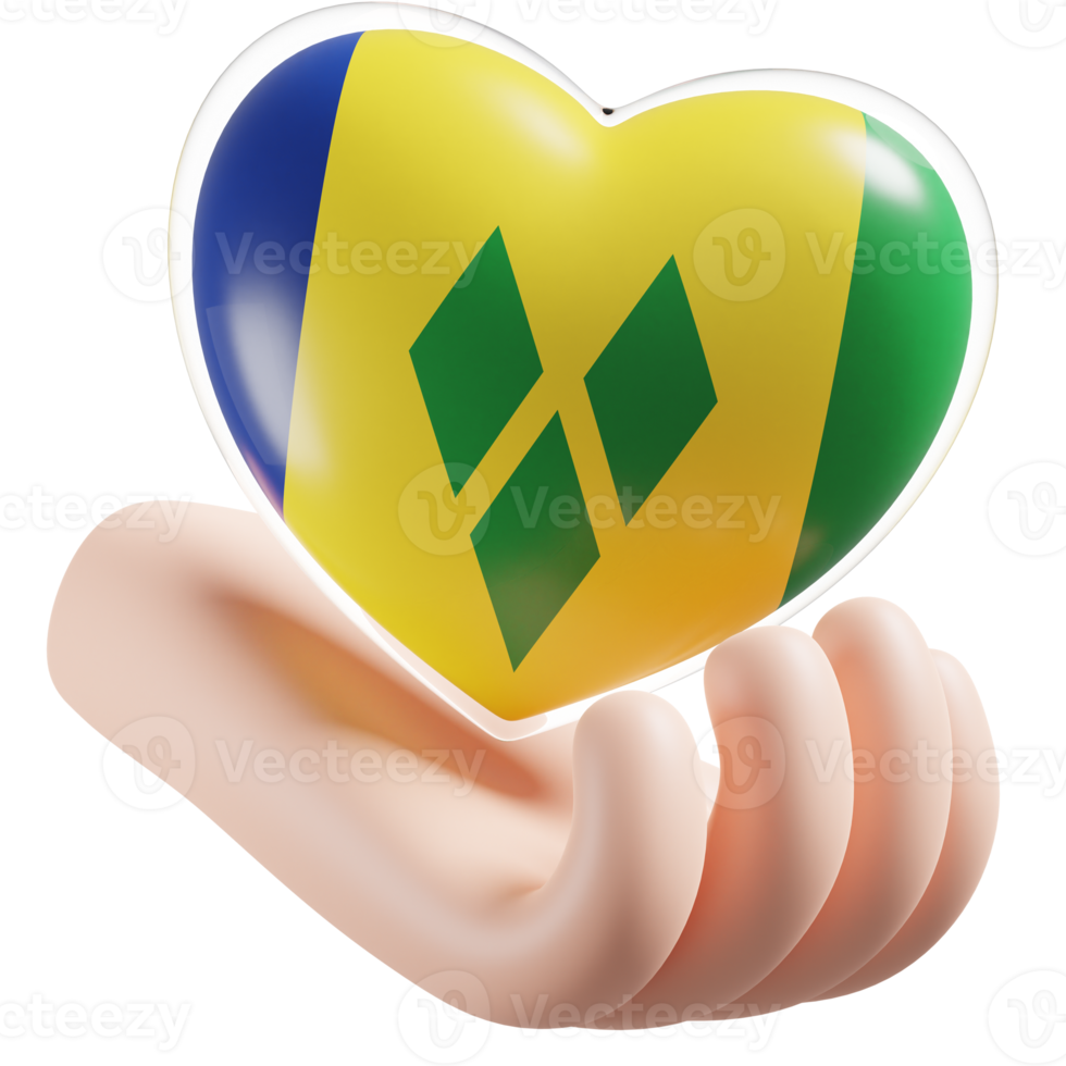 Saint Vincent and the Grenadines flag with heart hand care realistic 3d textured png