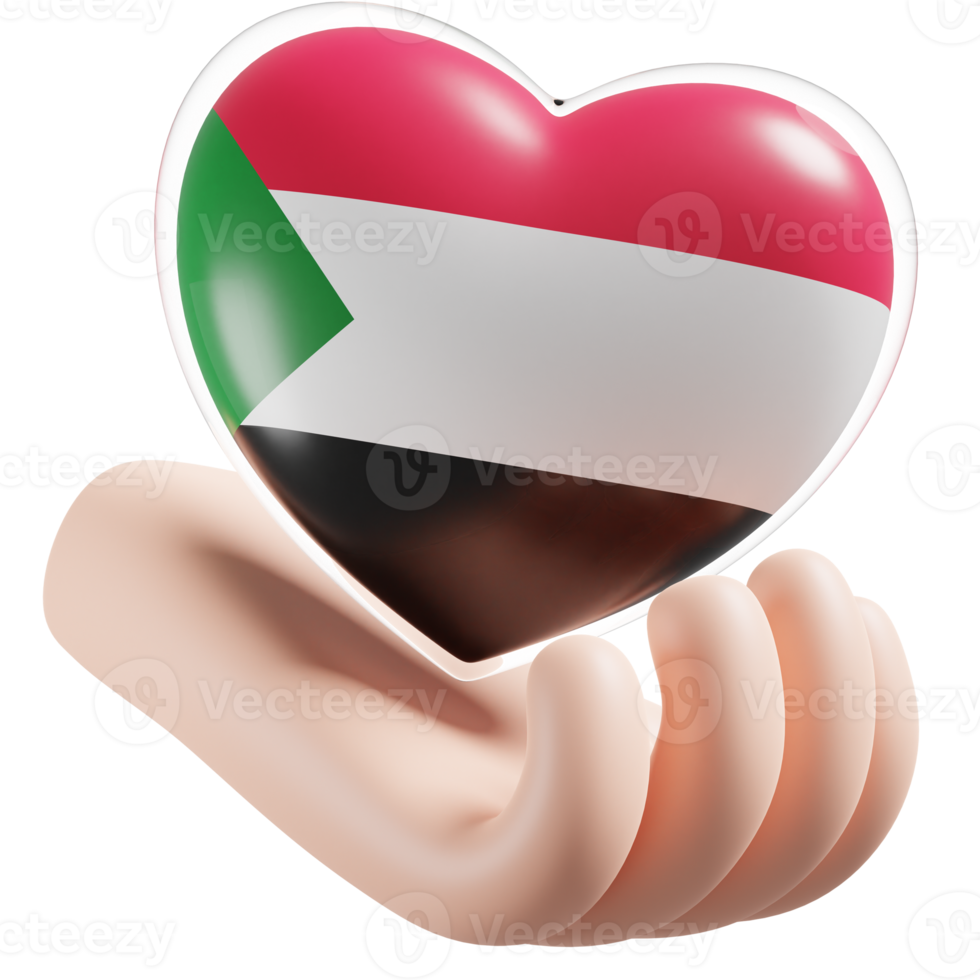 Sudan flag with heart hand care realistic 3d textured png