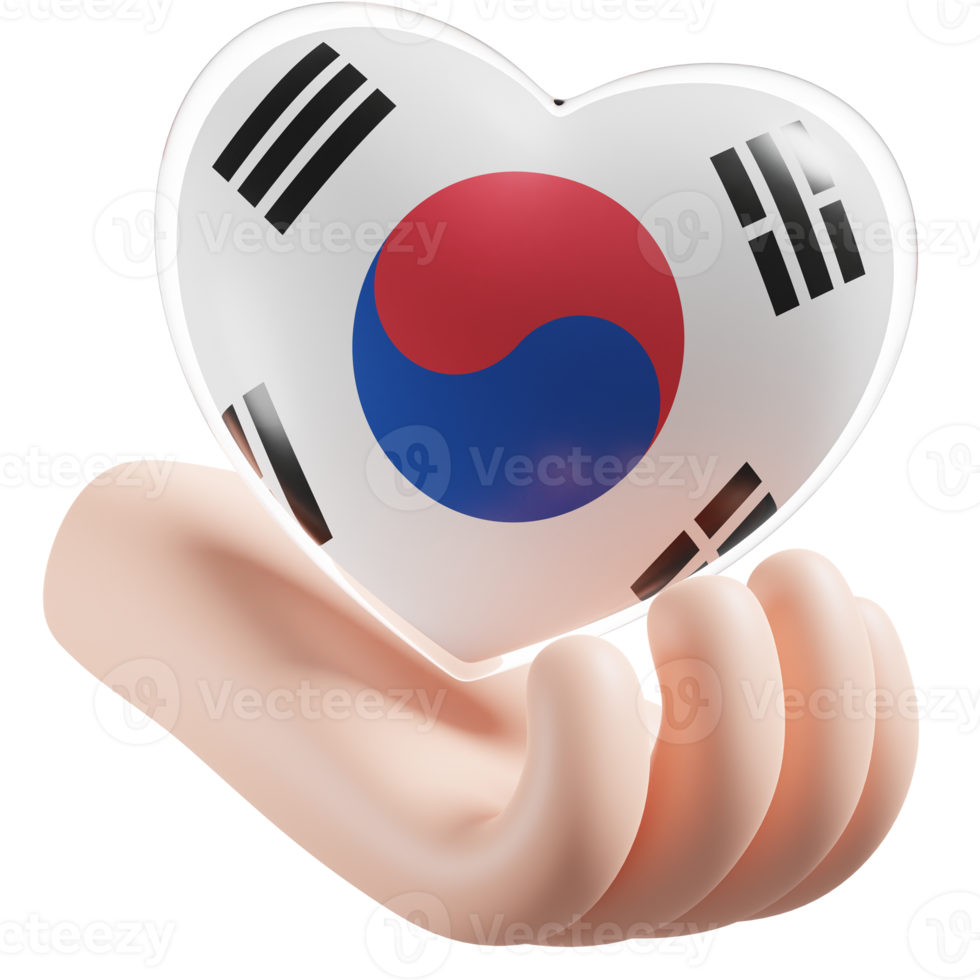 Süd Korea Flagge mit Herz Hand Pflege realistisch 3d texturiert png