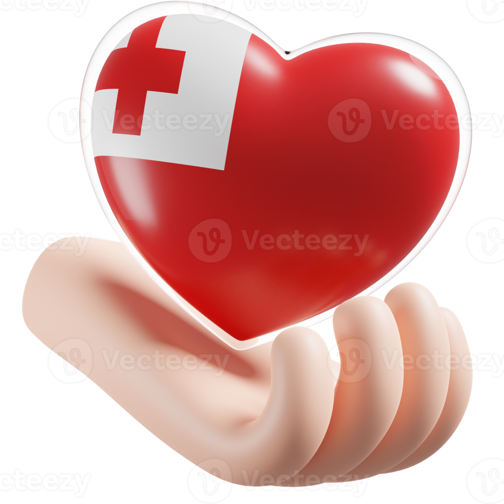 Tonga flag with heart hand care realistic 3d textured png